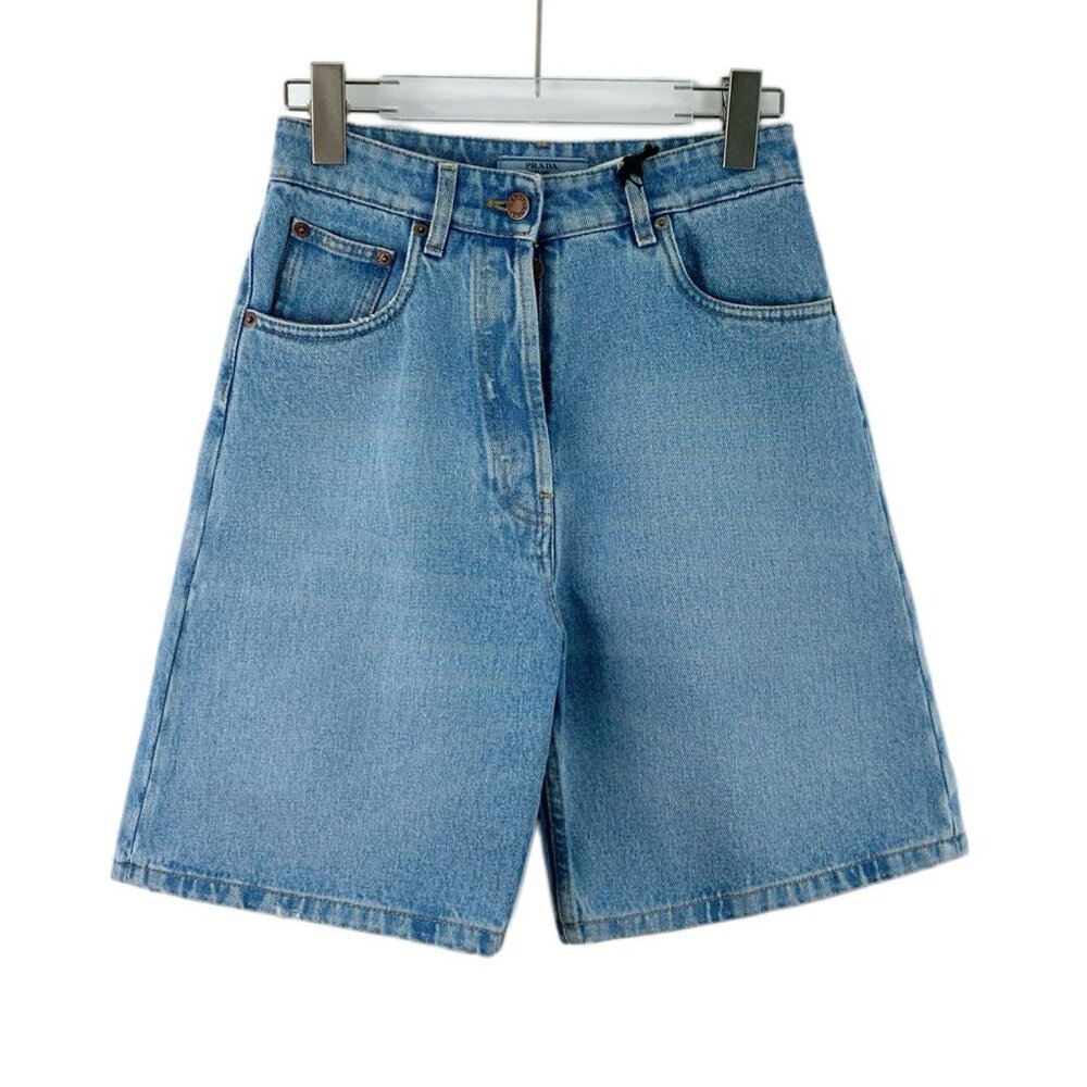 Prada Blue Washed Triangle Label Cotton Casual Denim Shorts Size 25  Brand New w